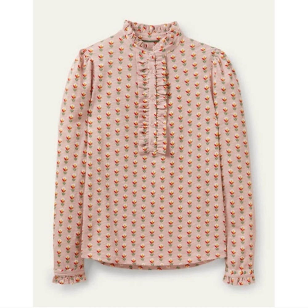 BODEN Ruffle Front Jersey Top in Milkshake Garden Geo Size 8